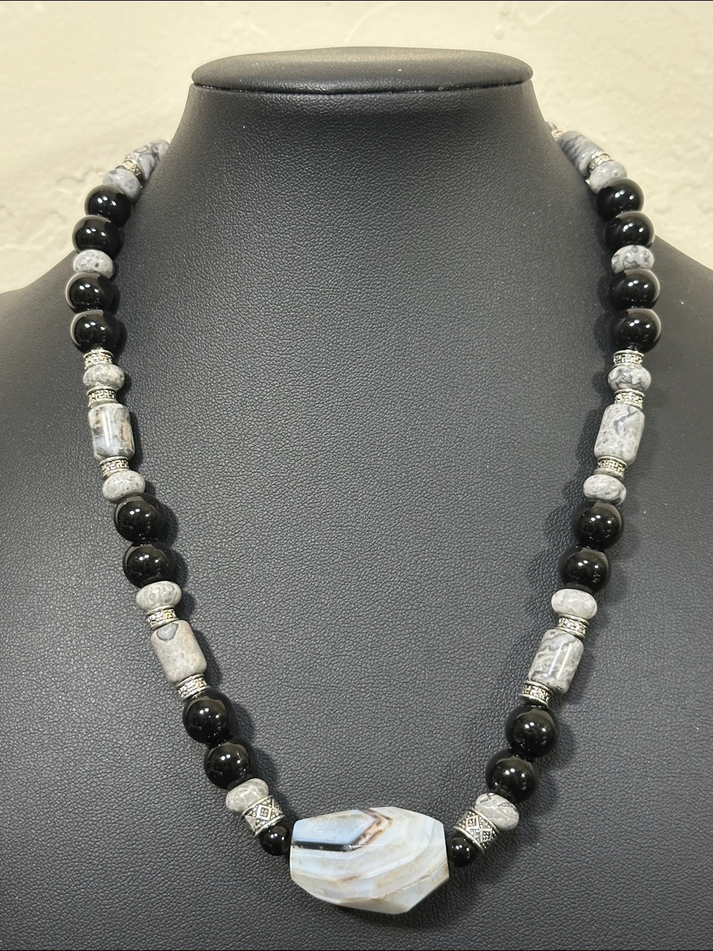 Black Glass & White Agate Beaded Statement Necklace
